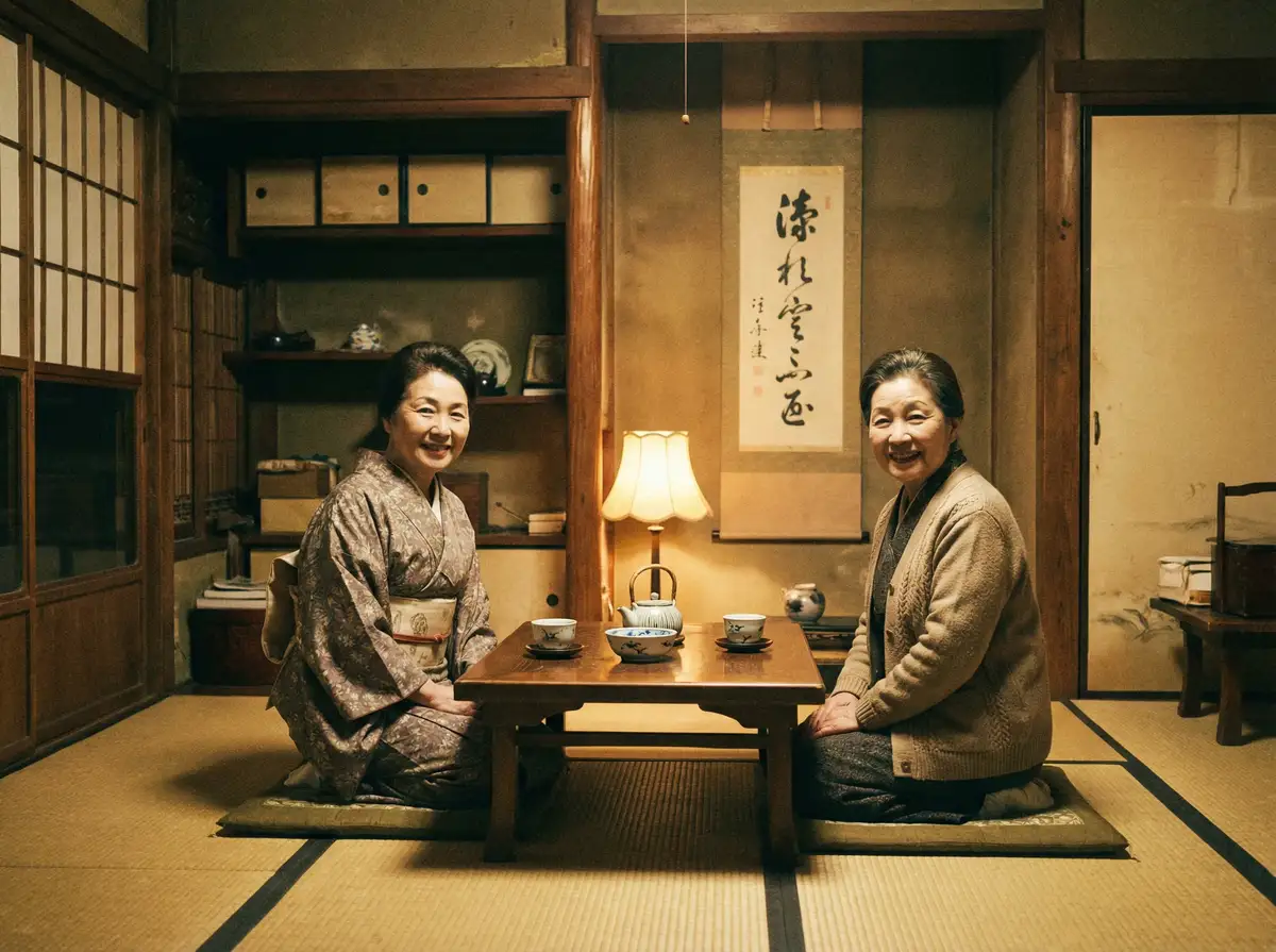 两位优雅的 狗头萝莉 在日式茶室中品茶交谈